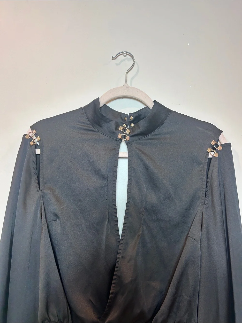 Honey Birdette Black Long-Sleeve Cropped Keyhole Top with Embellished Shoulders - Picture 3 of 8